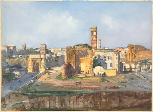The Arch of Titus and the Temple of Venus and Rome near the Roman Forum by Ippolito Caffi, drawing, 1809-1866