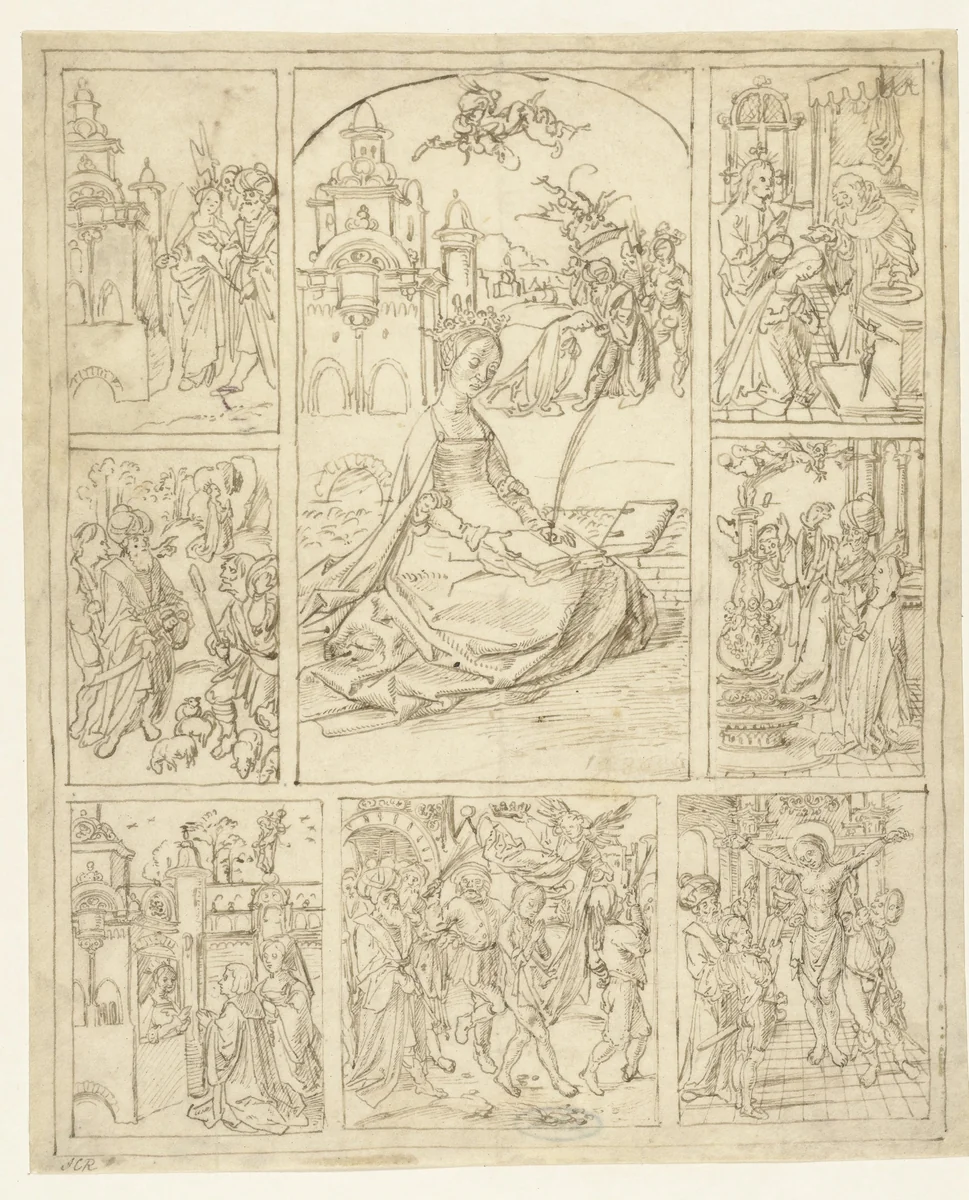 Heilige Barbara en scènes uit haar leven by anonymous, drawing, 1510-1520