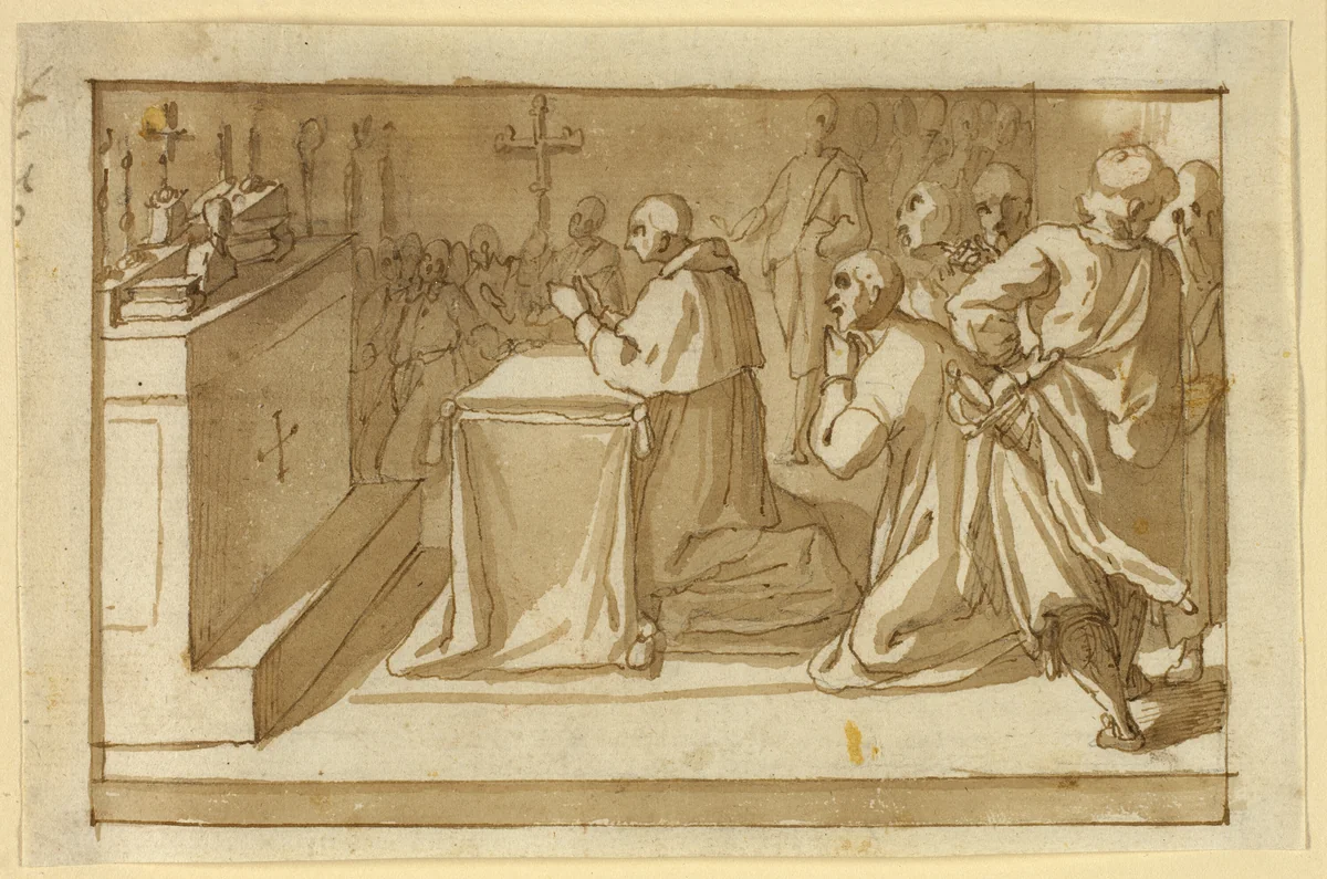 Saint Charles Borromeo Venerating the Relics by Cesare Nebbia, drawing, 1600-1609