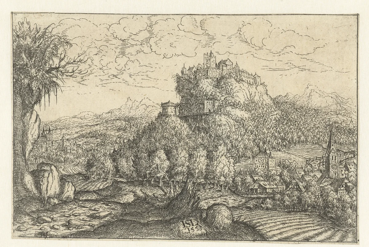 Landschap met slot op een berg by Unknown, print, 1553