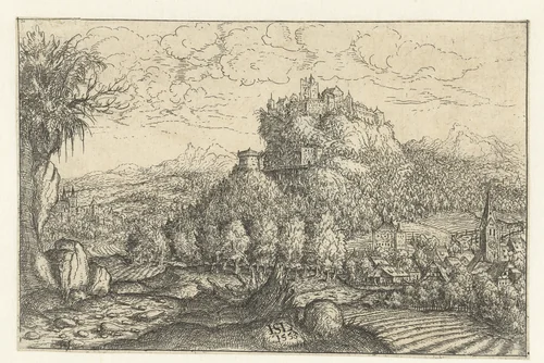 Landschap met slot op een berg by Unknown, print, 1553