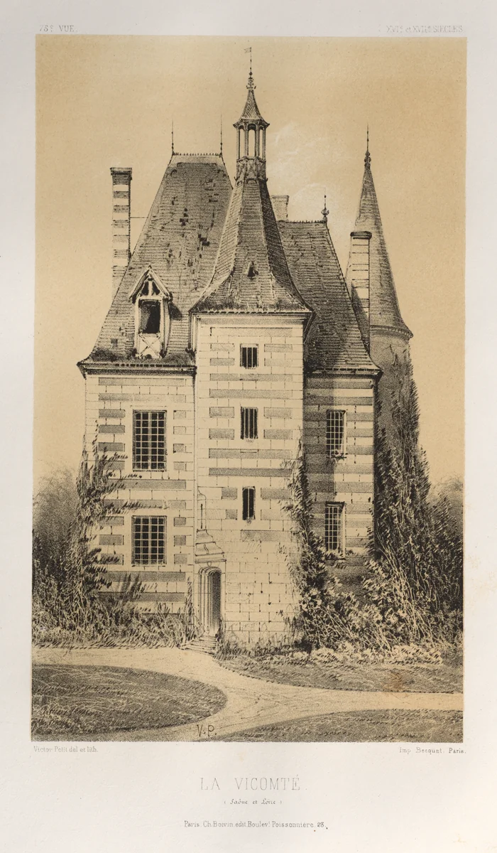 Architecture Pittoresque ou Monuments des XVeme. Et XVIeme. Siecles: Chateaux de France des XV et XVI Siecles: Pl. 75, La Vicomté (Saône et Loire) by Victor Petit, print, 1860