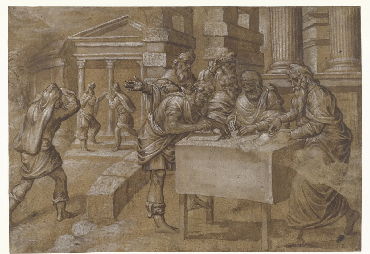 Salomon doet het bevel uitgaan om de tempel te bouwen by anonymous, drawing, 1552