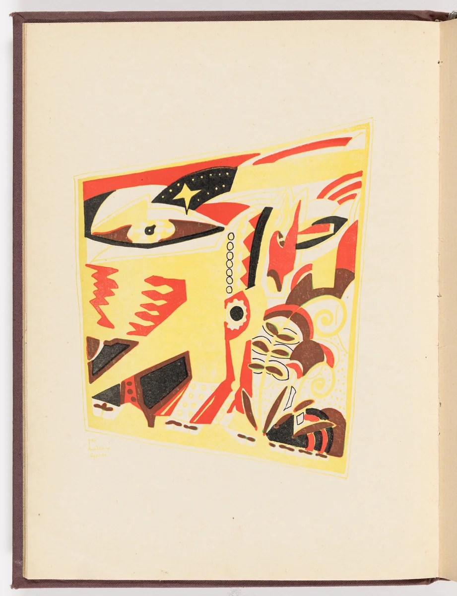 Plate (facing page 5) from Futuristy. Pervyi zhurnal' russkikh' futuristov' (Futurists: First Journal of the Russian Futurists) no. 1-2 by Vladimir Burliuk, graphic design, 1914