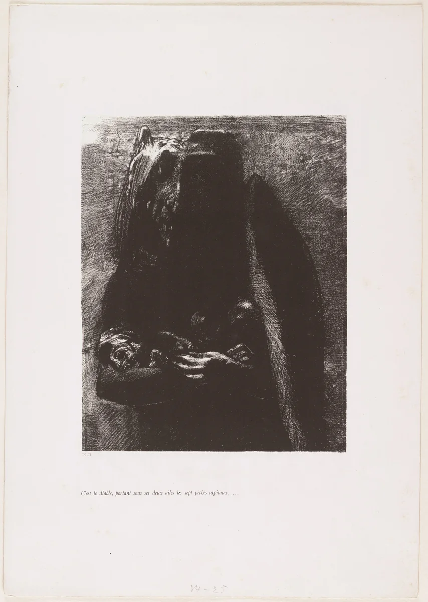 It Is the Devil, Bearing beneath His Two Wings the Seven Deadly Sins (C'est le diable, portant sous ses deux ailes les sept péchés capitaux) from The Temptation of Saint Anthony (La Tentation de Saint-Antoine) by Odilon Redon, print, 1888
