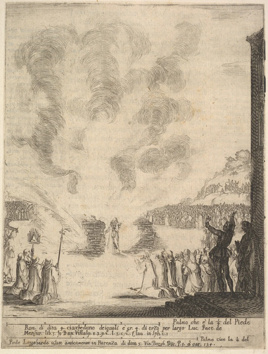 The test of fire, the monk Peter, the disciple Saint John Gualbert, passing through the flames from two pyres unharmed, from "Frontispiece and four scenes from the life of Saint John Gualbert" (Frontispice et quatre vignettes pour une vie de Saint Jean Gualbert) by Stefano della Bella, print, 1640