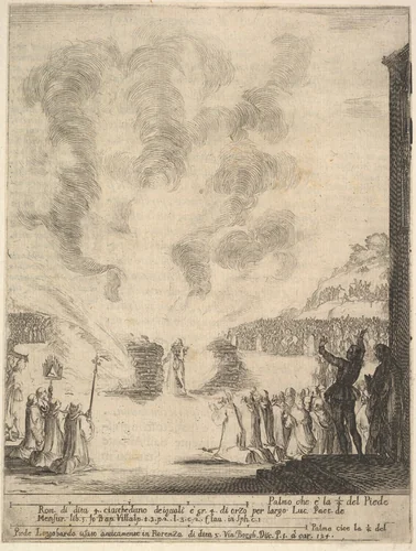 The test of fire, the monk Peter, the disciple Saint John Gualbert, passing through the flames from two pyres unharmed, from "Frontispiece and four scenes from the life of Saint John Gualbert" (Frontispice et quatre vignettes pour une vie de Saint Jean Gualbert) by Stefano della Bella, print, 1640