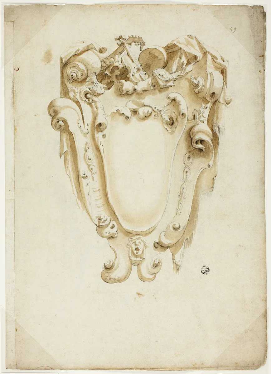 Design for Escutcheon, with Musical Instruments by Unknown Artist, drawing, 1600-1699