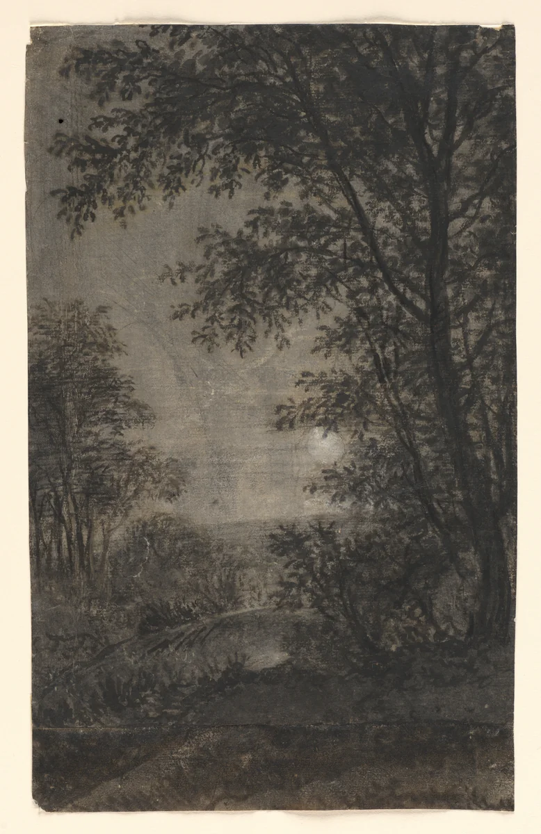 Landscape by Moonlight by Anthonie Waterloo, drawing, 1673-1679