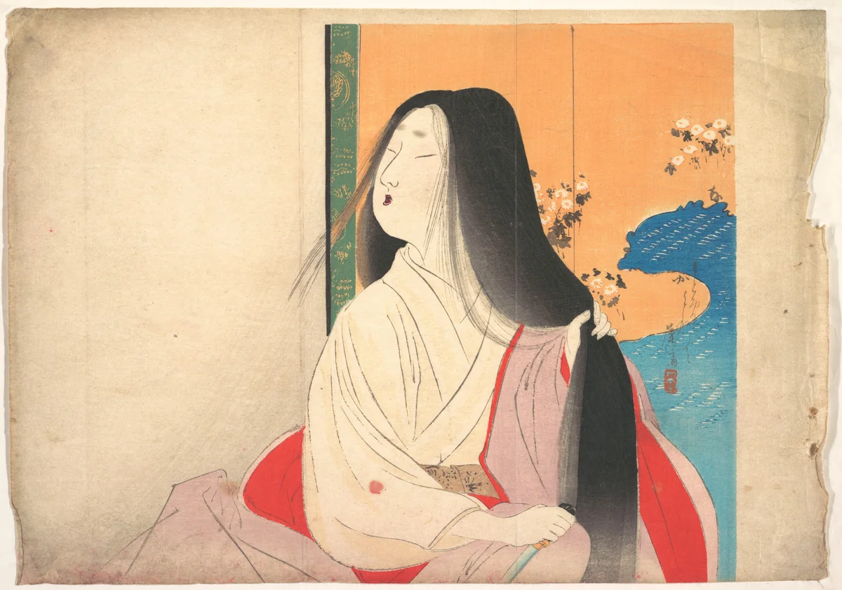 Lady Kesa from kuchie (frontispiece) of a novel by Tomioka Eisen, print, 1896-1916