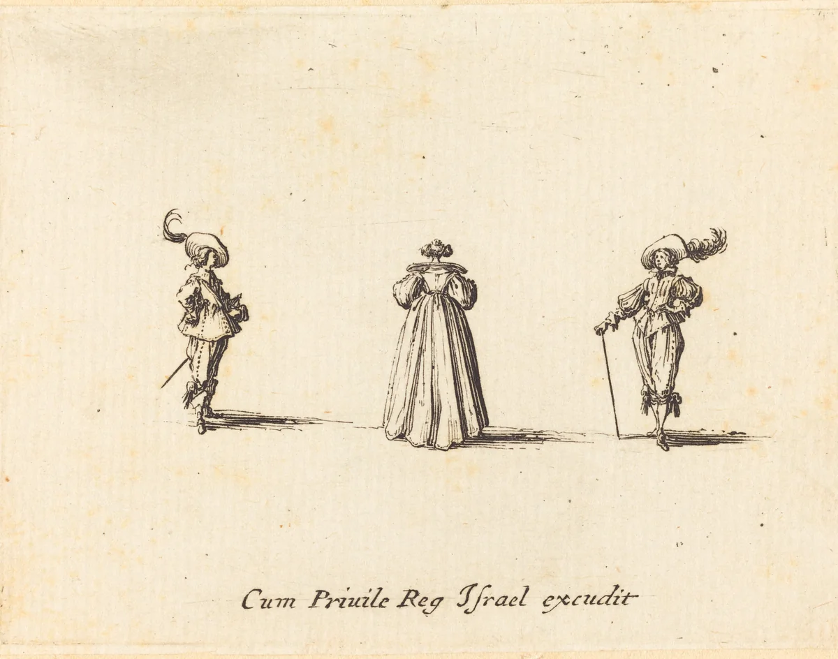 Lady Seen from Behind, and Two Gentlemen by Jacques Callot, print, 1628-1638