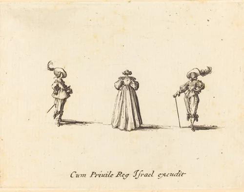 Lady Seen from Behind, and Two Gentlemen by Jacques Callot, print, 1628-1638