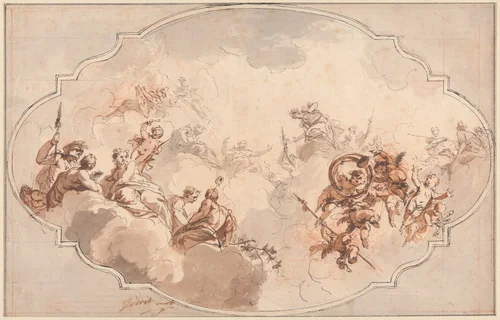 Design for a Ceiling: Apotheosis of Callisto or Diana (recto), and Sketch of Figures (verso) by Jacob de Wit, drawing, 1731