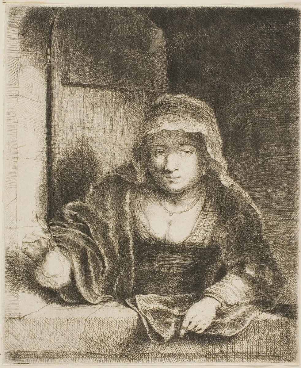 Woman with the Pear by Ferdinand Bol, print, 1651