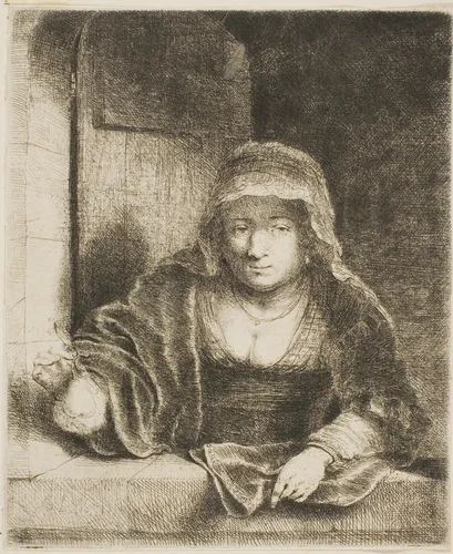 Woman with the Pear by Ferdinand Bol, print, 1651