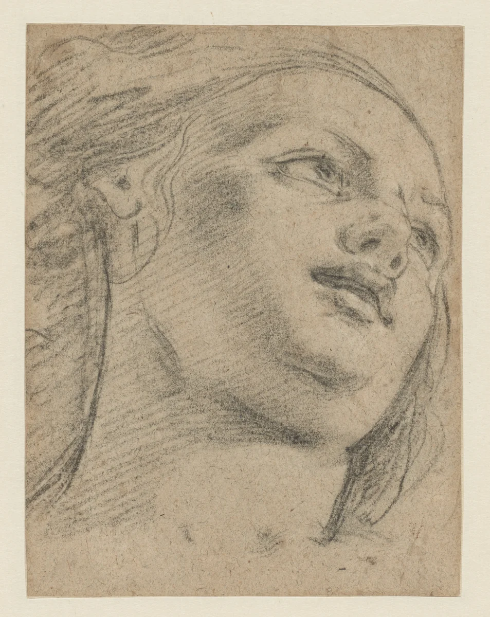 Female Head Study Looking Up to Right (recto); Study of Two Figures Supporting an Object (verso) by Guido Reni, artwork, 1630-1670