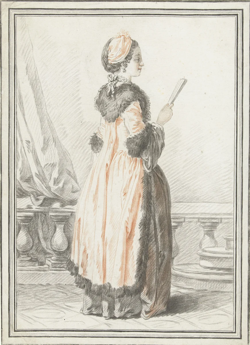 Staande vrouw met waaier in hand by Gilles Demarteau, print, 1732-1776