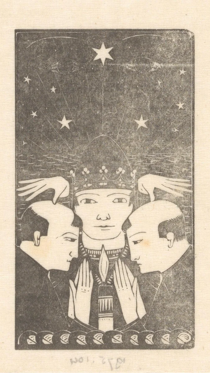 Twee geestelijken bij een figuur met een kroon by Karel Petrus Cornelis de Bazel, print, 1895