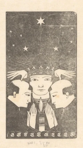 Twee geestelijken bij een figuur met een kroon by Karel Petrus Cornelis de Bazel, print, 1895