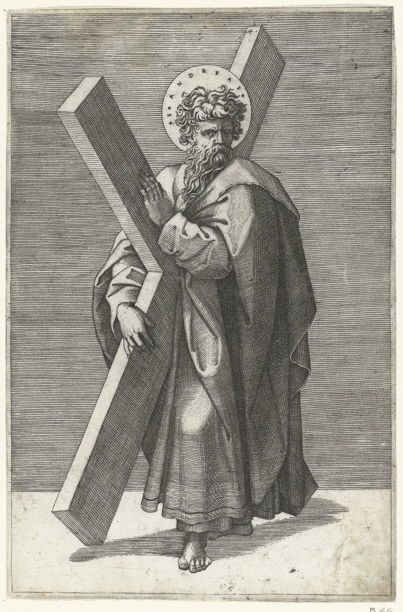 Apostel Andreas met kruis by Marcantonio Raimondi, print, 1517-1527