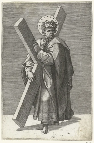 Apostel Andreas met kruis by Marcantonio Raimondi, print, 1517-1527