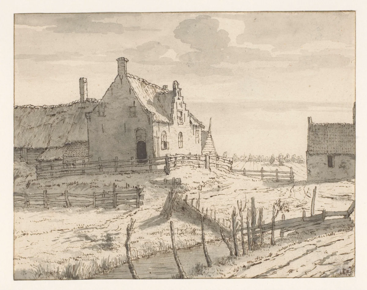 View of Houses outside Bergen op Zoom by Valentijn Klotz, drawing, 1671-1672