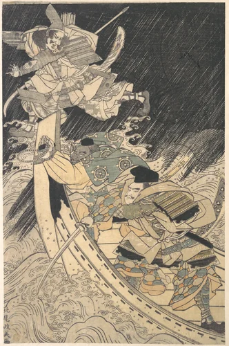 Minamoto Yoshitsune and His Retainer, the Monk Benkei, Putting to Flight the Ghost of Taira no Tomomori by Kuwagata Keisai (鍬形蕙斎), print, 1767-1799
