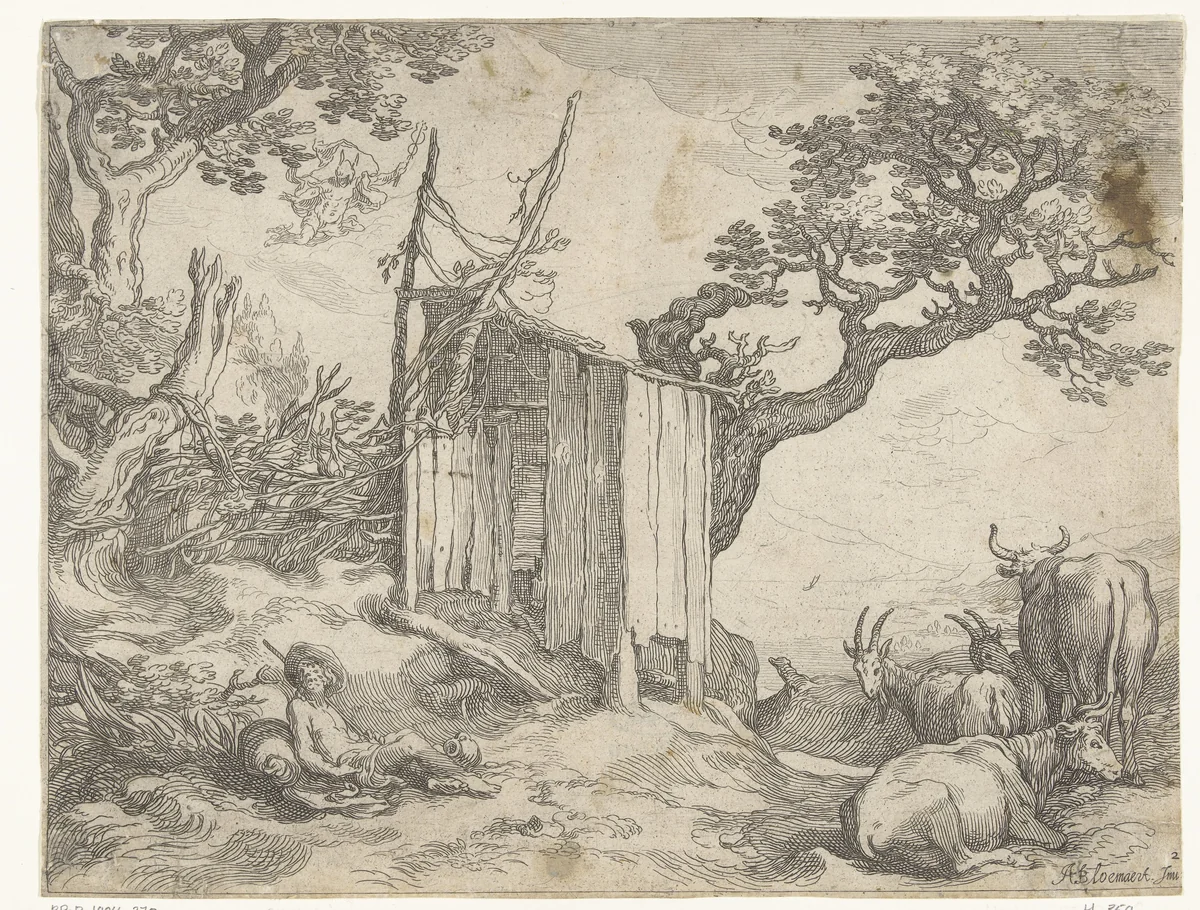 Landschap met Argus bij Io als koe en Mercurius in de lucht by Boëtius Adamsz. Bolswert, print, 1612-1614