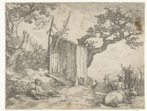 Landschap met Argus bij Io als koe en Mercurius in de lucht by Boëtius Adamsz. Bolswert, print, 1612-1614