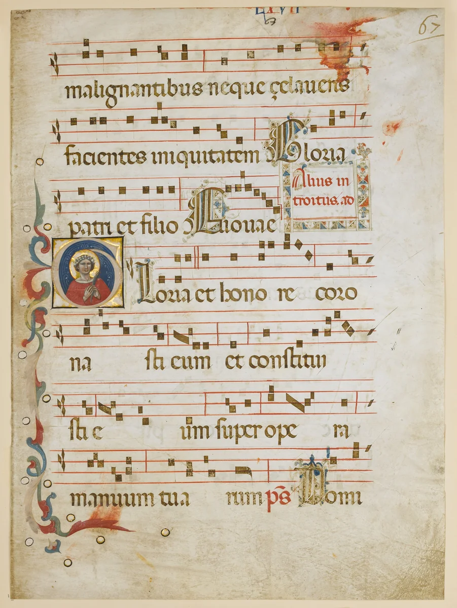 Manuscript Leaf with a female saint (possibly Dorothy) in an Initial G, from a Gradual by the Illustratore, manuscript, 1330-1340