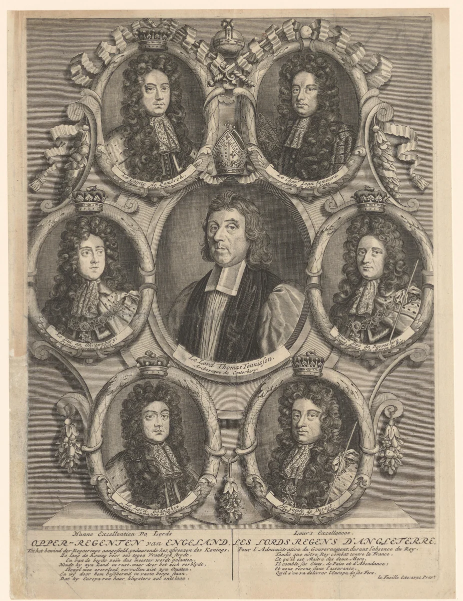 Portretten van zeven Engelse politici tijdens de regeerperiode van Willem III van Oranje by anonymous, print, 1695-1702