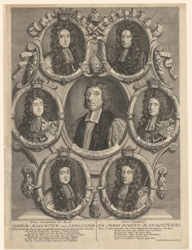 Portretten van zeven Engelse politici tijdens de regeerperiode van Willem III van Oranje by anonymous, print, 1695-1702