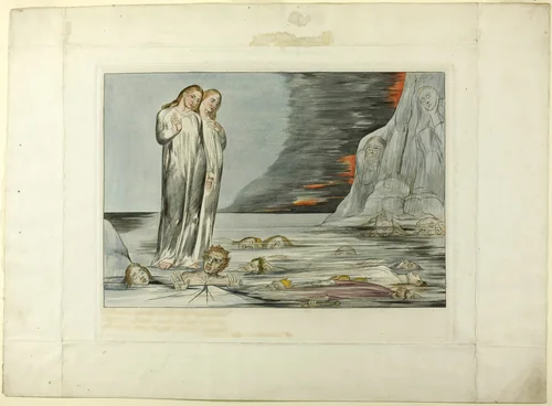The Circle of the Traitors; Dante's Foot Striking Bocca degli Abbate. Inferno, canto XXXII by William Blake, print, 1827