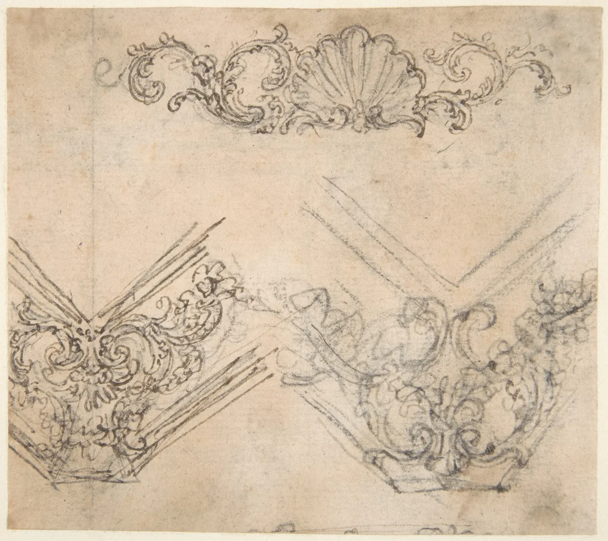 Designs for the Decoration of a Frieze and Corner Motifs (recto); Design for Two Frames Decorated with Volutes, Garlands and the Head of a Putto (verso) by Giovanni Battista Foggini, drawing, 1652-1725