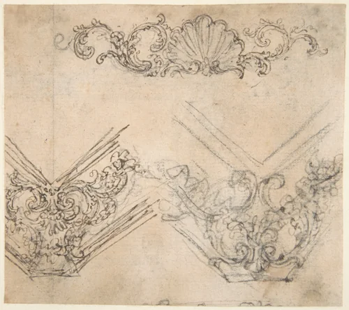 Designs for the Decoration of a Frieze and Corner Motifs (recto); Design for Two Frames Decorated with Volutes, Garlands and the Head of a Putto (verso) by Giovanni Battista Foggini, drawing, 1652-1725