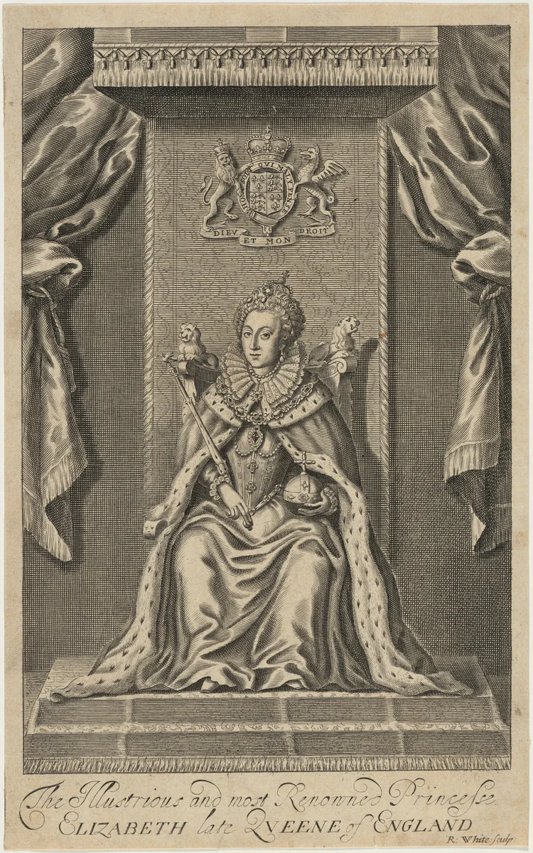 Queen Elizabeth Enthroned by Robert White, print, 1645-1703