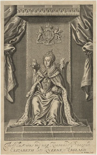 Queen Elizabeth Enthroned by Robert White, print, 1645-1703