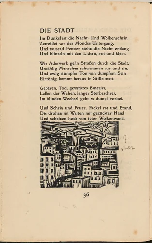 Die Stadt (The City) (in-text plate) from mock-up of Georg Heym: Umbra Vitae (Georg Heym: Shadow of Life) by Ernst Ludwig Kirchner, volume, 1912-1922