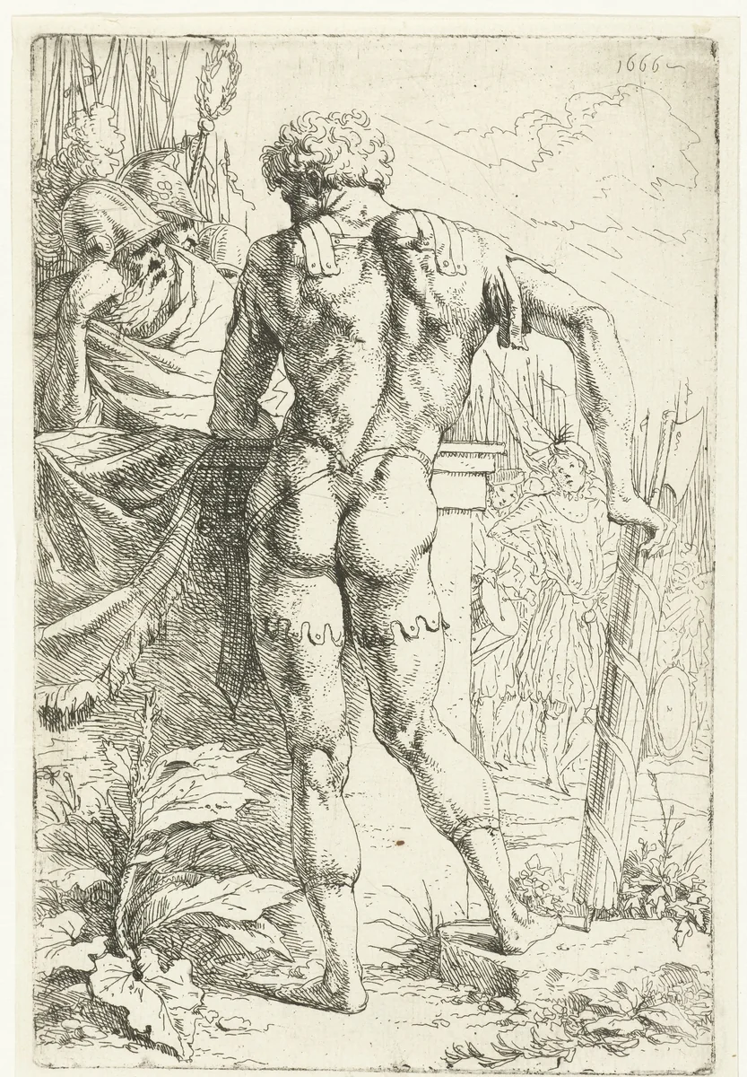 Romeinse soldaat met fasces op zijn rug gezien by Leendert van der Cooghen, print, 1666