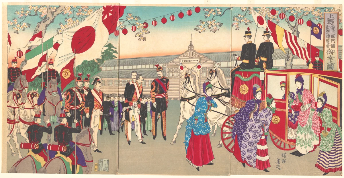Visit of the Empress to the Third National Industrial Promotional Exhibition at Ueno Park (Ueno dai sankai naikoku kangyō hakuran kai gyokō no zu) by Yōshū Chikanobu (楊洲周延), print, 1889