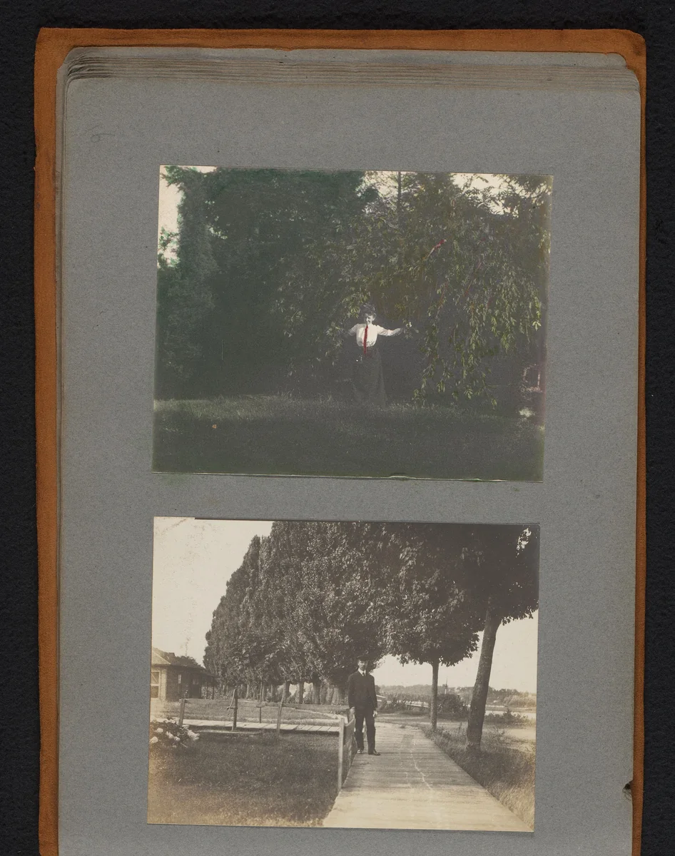 Portret van de vrouw van J. van der Mey, mogelijk Mary, in een park en een portret van een man, mogelijk Jan, op een houten pad by Jan van der Mey, book, 1902