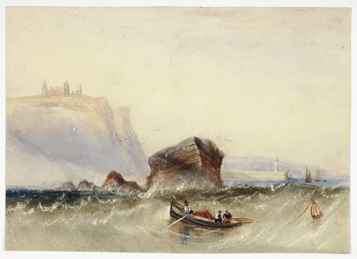 Three Men in Rowboat off Rocky Coast by Henry Barlow Carter Joseph Newington Carter, painting, 1815-1867