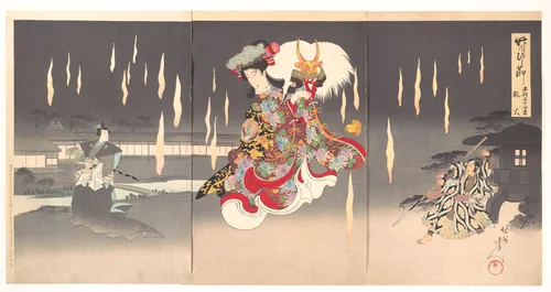 Scene of Foxfire (Kitsunebi) from the Play Honchō nijūshikō by Yōshū Chikanobu (楊洲周延), print, 1898