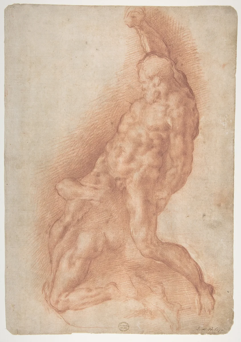 Samson Slaying the Philistine, after Michelangelo (recto); Figure of Fury, after Rosso Fiorentino (verso) by Giovanni Battista Naldini, drawing, 1537-1591
