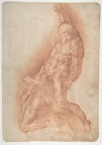Samson Slaying the Philistine, after Michelangelo (recto); Figure of Fury, after Rosso Fiorentino (verso) by Giovanni Battista Naldini, drawing, 1537-1591
