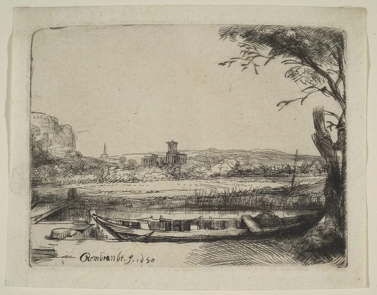 Canal with a Large Boat and a Bridge by Rembrandt van Rijn, print, 1650