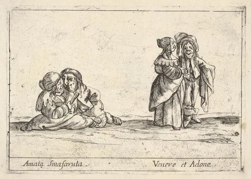Callot figures; two seated dwarf lovers to left, the woman holding a fan, an old dwarf woman, in profile towards the right, standing with a dwarf man with long hair to right, from "Six grotesques" (Six pièces de figures grotesques) by Agostino Mitelli, print, 1684