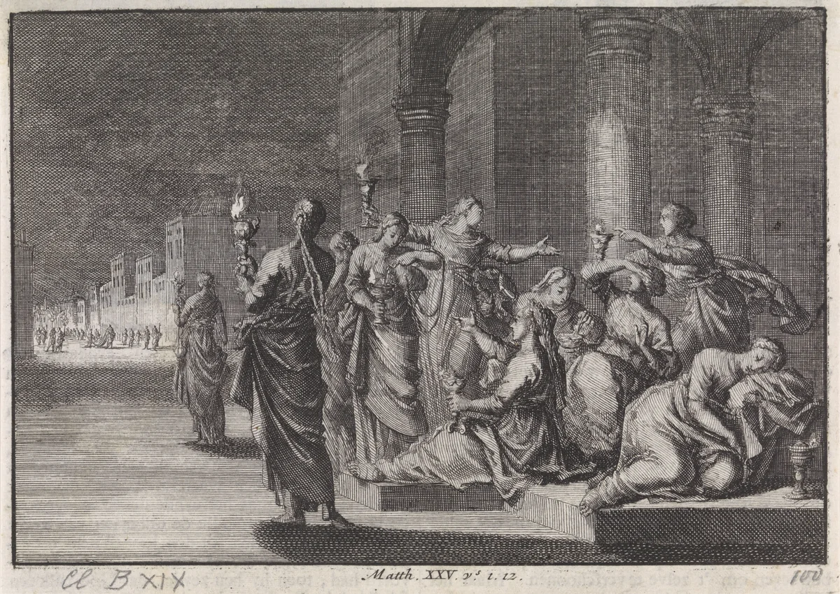 Gelijkenis van de vijf wijze en de vijf dwaze maagden by Jan Luyken, print, 1703-1762