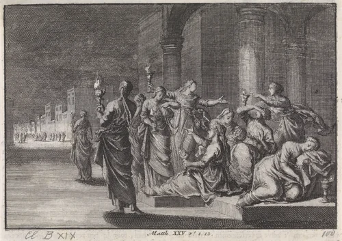 Gelijkenis van de vijf wijze en de vijf dwaze maagden by Jan Luyken, print, 1703-1762