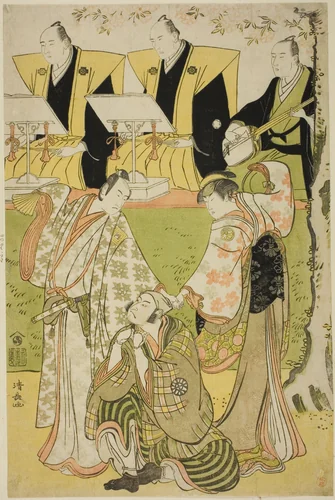 The Actors Ichikawa Monnosuke II as Munesada, Segawa Kikunojo III as the courtesan Sumizome, and Nakamura Nakazo I as Sekibei, in the play "Tsumoru Koi Yuki no Seki no To," performed at the Kiri Theater in the eleventh month, 1784 by Torii Kiyonaga (鳥居清長), print, 1779-1789